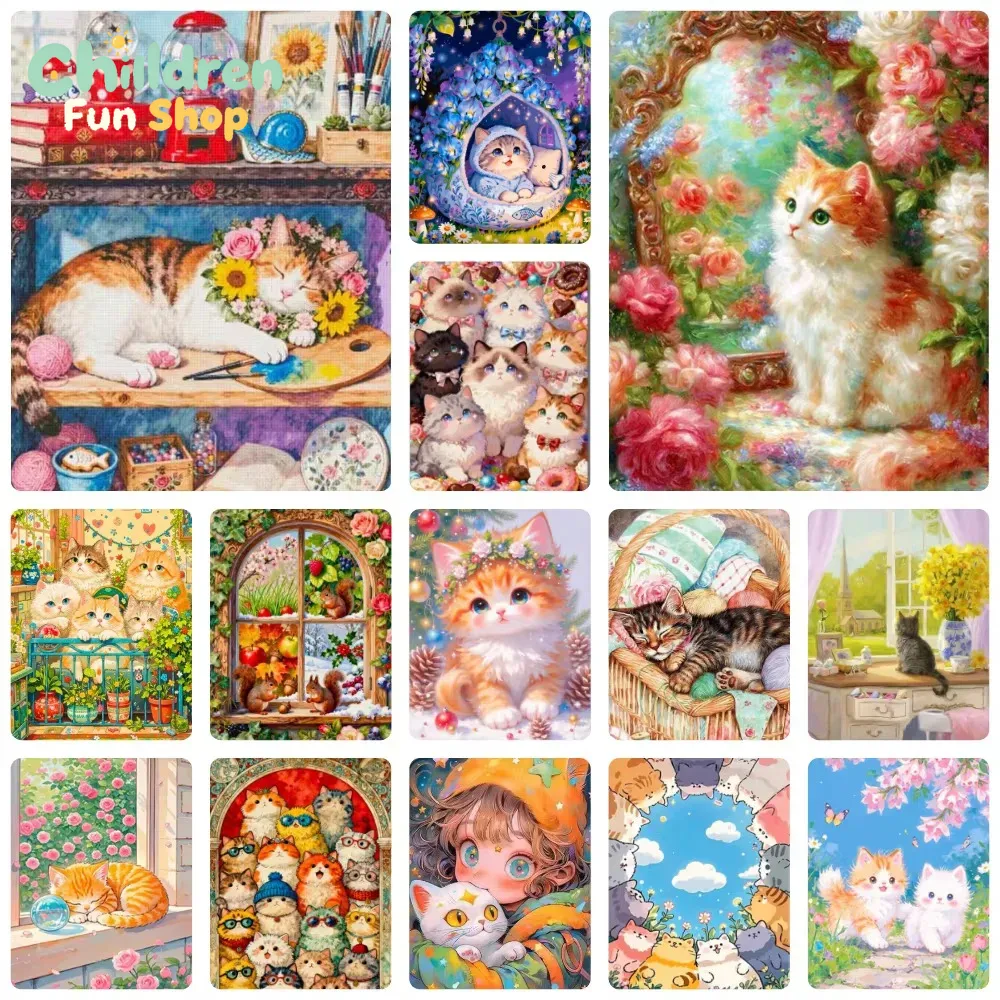 Resin Art Work - Diamant schilderij, schattig pluizig kitten, rozenbloemenlandschap,